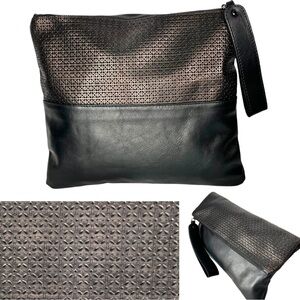 Black Leather Clutch Bronze Italian Wristlet Purse Foldover Bag Vittoria Napoli